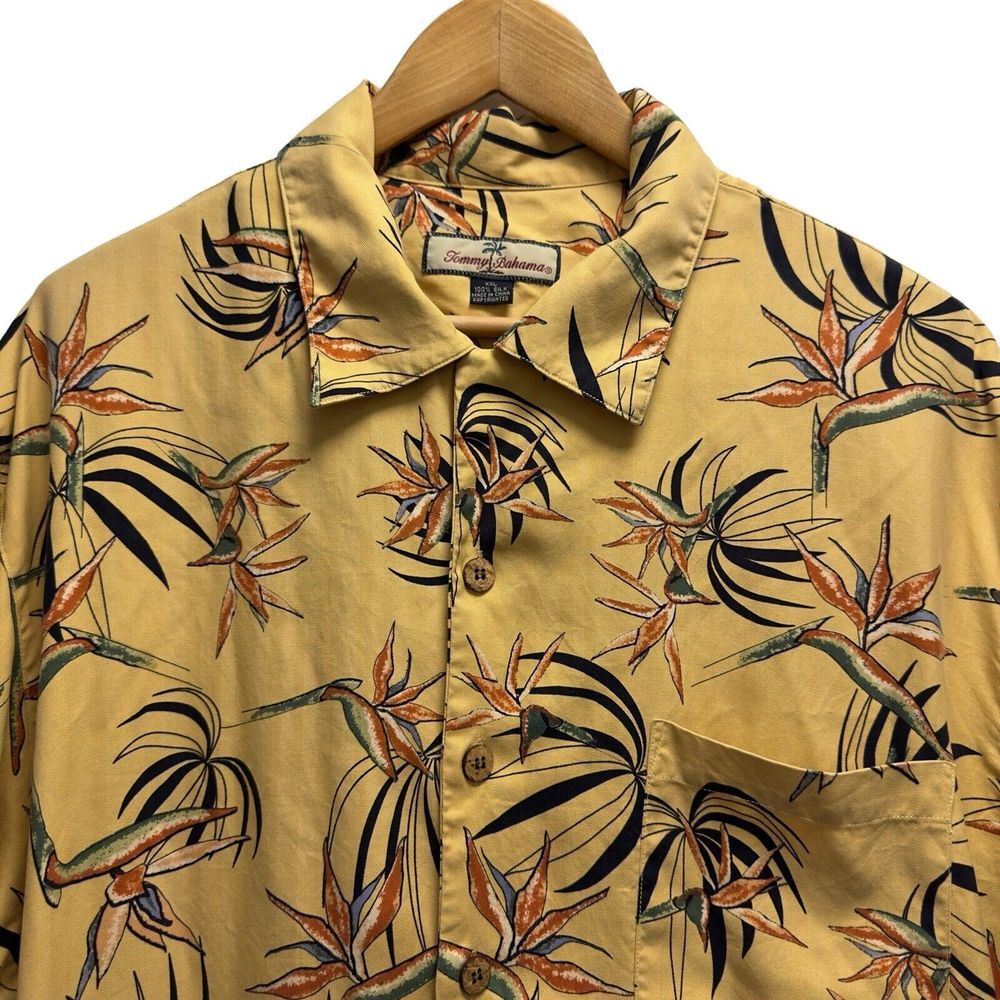 Tommy Bahama Men's Sz XXL Button Front Hawaiian S/S Shirt Yellow Floral Silk guc